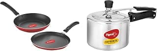 Pigeon Aluminium Nonstick Duo Pack Flat Tawa 250 and Fry Pan 200 Gift Set (Red) by Stovekraft 12091 Favourite Aluminium Induction Base Pressure Cooker with Inner Lid, 3 litres, Silver