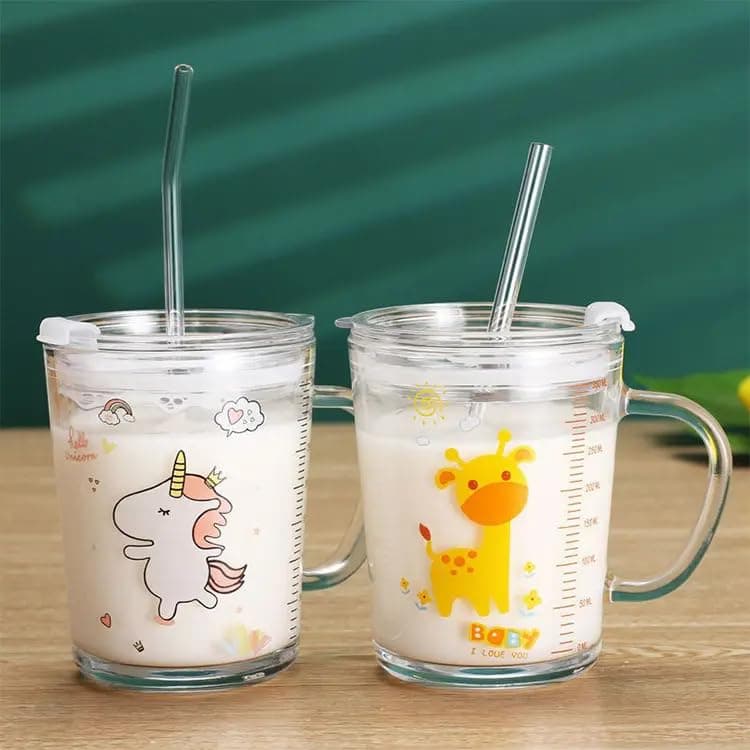 ZROY ENTERPRISE Random Design Glass | Pack of 2 | 400ml | Measuring Milk Cup with Silicone Straw and Lid Handle Tumbler for Girls & Boys & Adults (2, Kid)