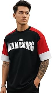 LEOTUDE Men's Half Sleeve Cottonblend Printed Colourblocked Round Neck Drop Shoulder Oversized Tshirt for Man (Color Red)
