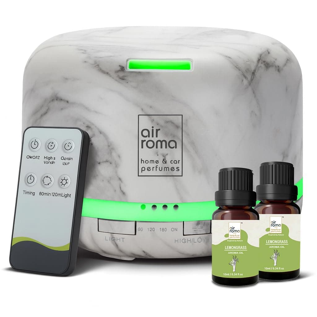 AIR-ROMA Plastic 500Ml Essential Mist Aroma Diffuser with Lemon Grass Oil |Ultrasonic Electric Aromatherapy Fragrant Oil Vaporiser Humidifier|Auto-Off Safety Switch|7 Led Changing Light Colors