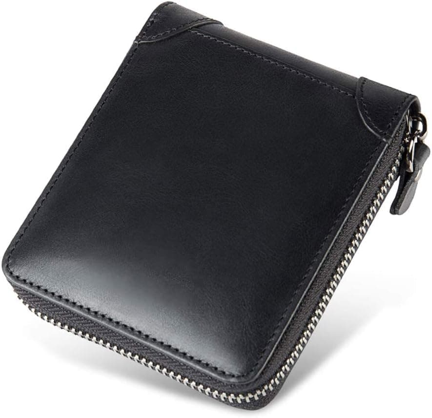 Contacts Mens Genuine Leather Zipper Wallet RFID Secure Large Capacity Double Fold Multi-Card Leather Wallets for Men and Coin Purse (Black)