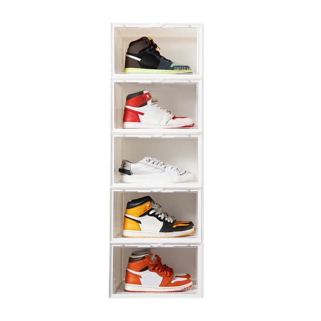 SNEAKARE Stackable Shoe Storage Box | Heavy Duty Plastic Sneaker Crate with Magnetic Door | Shoe Organizer for Men & Women | Fits Upto UK 14 | Durable Shoe Storage Box White Pack of-5