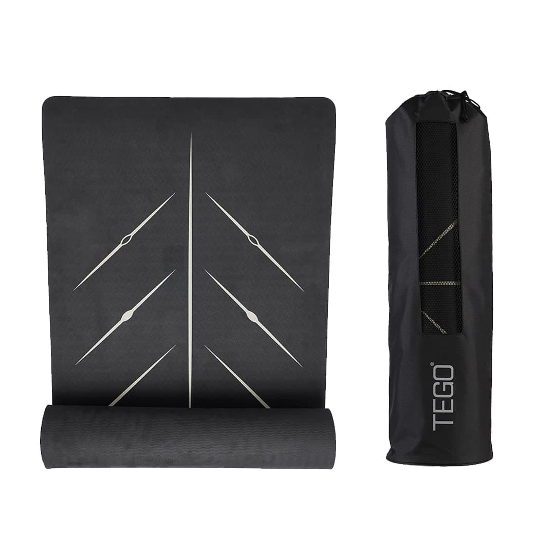 TEGO Core Yoga Mat (Black Gold)| 8mm Ultra-Cushioned TPE Mat with Posture Reference Lines | Antimicrobial, Non-Slip, Lightweight & Portable with Carry Bag | Beginner-friendly Yoga Mat | 72/78 x 26” | Joint-Friendly Mat