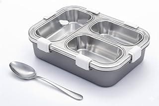 Umadiya® 3 Compartment Lunch Box Insulated Air Tight and Portable Utensils, Stainless Steel 100% Leak Proof with a Fork, a Spoon and a Pair of Chopsticks for School Kids -750Ml (Silver)