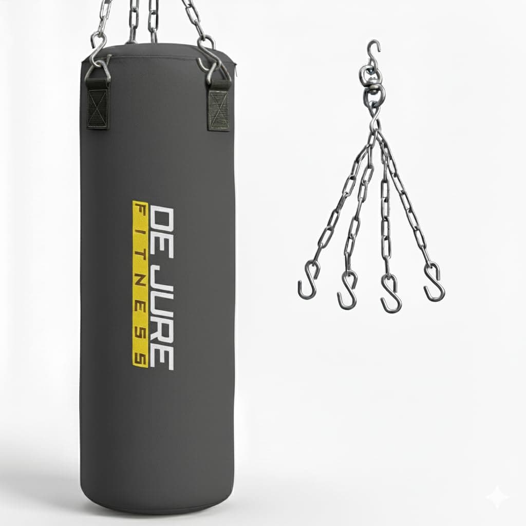 De Jure Fitness Heavy Duty 2 Ft Punching Bag with Rust-Proof Stainless Steel Hanging Chain | Durable Polyester Fabric | Comfortable Recycled Filling | Boxing MMA, Kickboxing - Grey, 2 Ft
