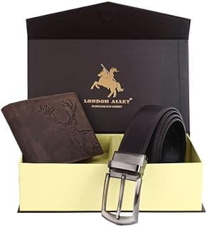 LONDON ALLEY ELK Vintage Brown Leather Wallet & Black/Brown Reversible Belt Combo Gift Box for Men
