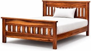 WELL KNOWN Solid Sheesham Wood Queen Bed Teak Finish Natural Brown Honey Finish Single Patti