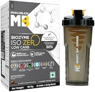 MuscleBlaze Biozyme Iso-Zero, Low Carb Whey Protein Isolate Powder, Ice Cream Chocolate, 5 Sachets (33.5g each) | Travel Pack with Shaker | 27g Protein Per Sachet