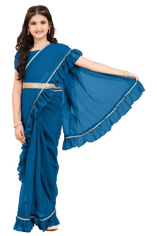 Xavima Kids Solid Georgette Belt Ready to Wear Saree with Unstitched Blouse Piece, Designer Pre Draped Saree for Girls, Festive Ethnic Outfit, Teal, 9-10 Years
