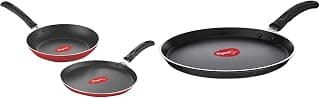 Pigeon by Stovekraft Special Non-Stick Aluminium Flat Tawa, Black (27cm) & Pigeon Aluminium Nonstick Duo Pack Flat Tawa 250 and Fry Pan 200 Gift Set (Red)
