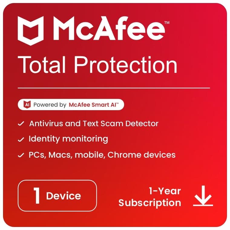 McAfee Total Protection 2025 | 1 Device, 1 Year | Antivirus Internet Security Software | Scam Protection & Identity Monitoring Included | PC/Mac/Android/iOS | Instant Delivery