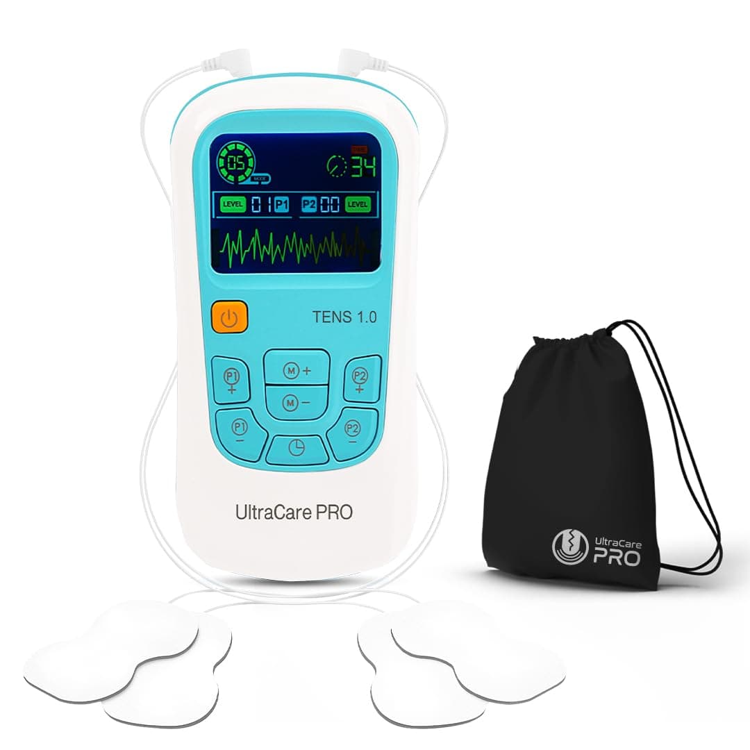 UltraCare PRO TENS 1.0 TENS Machine for Pain Relief, Physiotherapy Massager, 25 Modes, 50 Intensity Levels, Rechargeable, Dual Channel, Muscle/Nerve Stimulator, White
