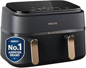 PHILIPS Air Fryer NA352/00 with Rapid Air Technology, 9L capacity, Dual basket (6L & 3L) for full oven tray cooking, 8 Preset Menus, Intuitive touch control, 90% less oil, 500+ Recipes, Extra Large
