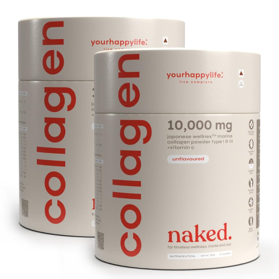 YourHappyLife Naked Unflavoured Japanese Marine Collagen Supplement Type 1 & 3 with Vitamin C for Men & Women | Skin, Joints, Hair & Nails| 10000mg Hydrolyzed Peptides | Pack of 2 (500 gm)