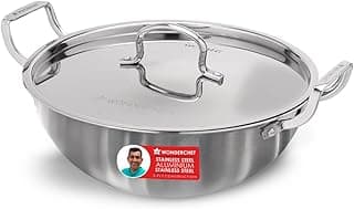 Wonderchef Stella Triply Stainless Steel Kadhai with Lid | 28 cm, 4.5 litres | Compatible with Gas Stove, Induction, Ceramic Cooktop | Non-Toxic | Heavy-Duty Handle | 10-Year Warranty