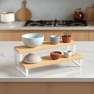 Decorlay 2-Tier Metal & Laminated Board Stairs Spice Rack Cosmetic Organizer Stand, Kitchen Countertop for Pantry Cupboard, Countertop (Beech+White)