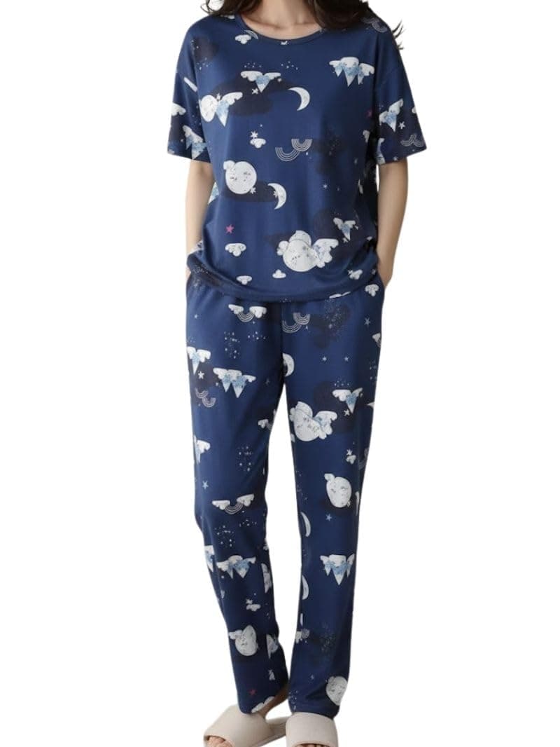 Women’s Korean Style Night Suit Set | Cotton Half Sleeve Top & Pyjama Set | Round Neck Printed Nightsuit | Comfortable Nightwear & Loungewear for Women | Sleepwear Pjs Lounge Set |Co-ords Outfit