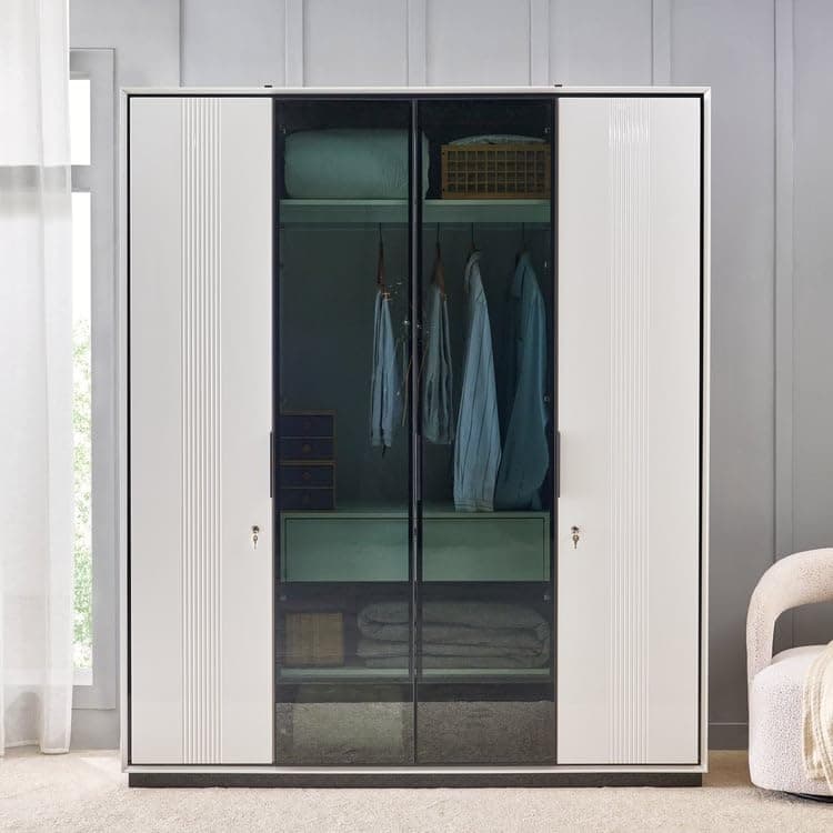 Home Centre | Sterling | Engineered Wood | 4 Door Swing Wardrobes | White | 1 Year Warranty