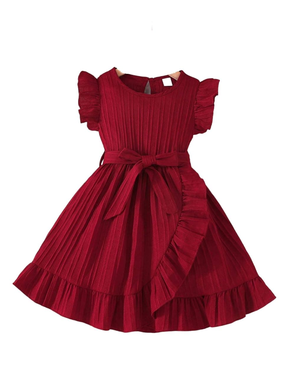 Baby Girls Designer Dress | Pleated A-Line Dress with Ruffle Sleeves & Waist Tie | Birthday