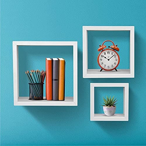 Dime Arts Shoppee Floating Box Shelves Square Cube Wall Decor Hanging Shelves Decoration Shelf for Living Room, Bedroom, Trophy Display, Photo Frame (White)