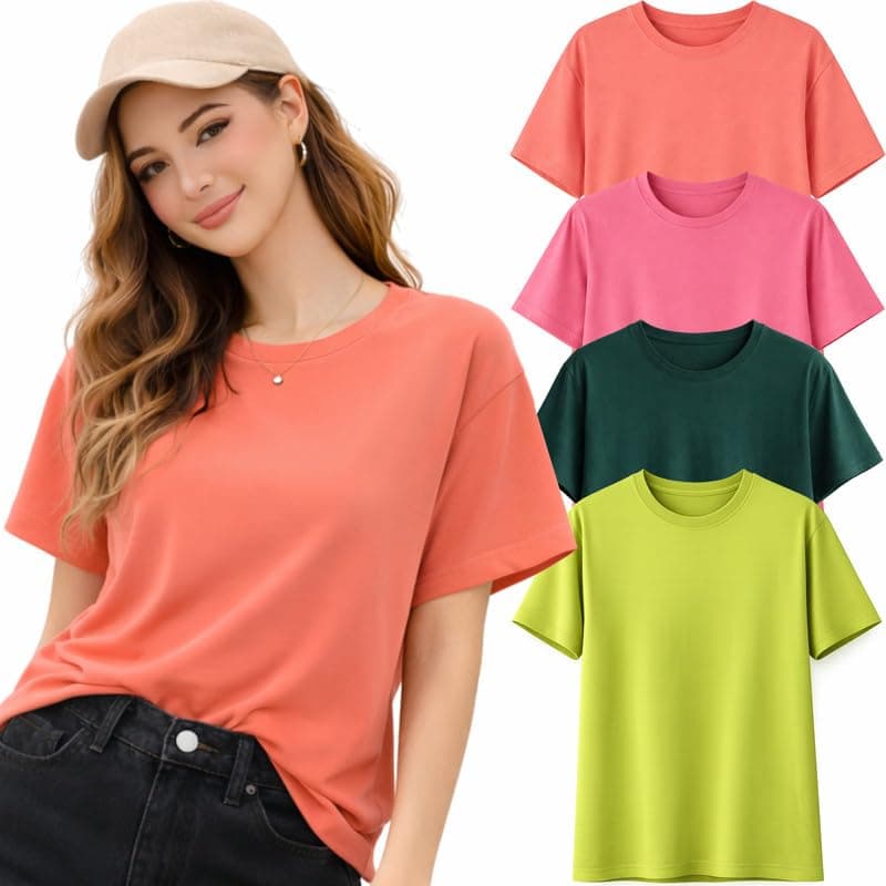 London Hills Tshirt for Woman | T Shirt for Woman Cotton Casual Tops | Tshirts Shirts for Women Round Neck Short Sleeve | Women Tees Everyday Wear Basic T Shirts for Womans (Pack of 4)