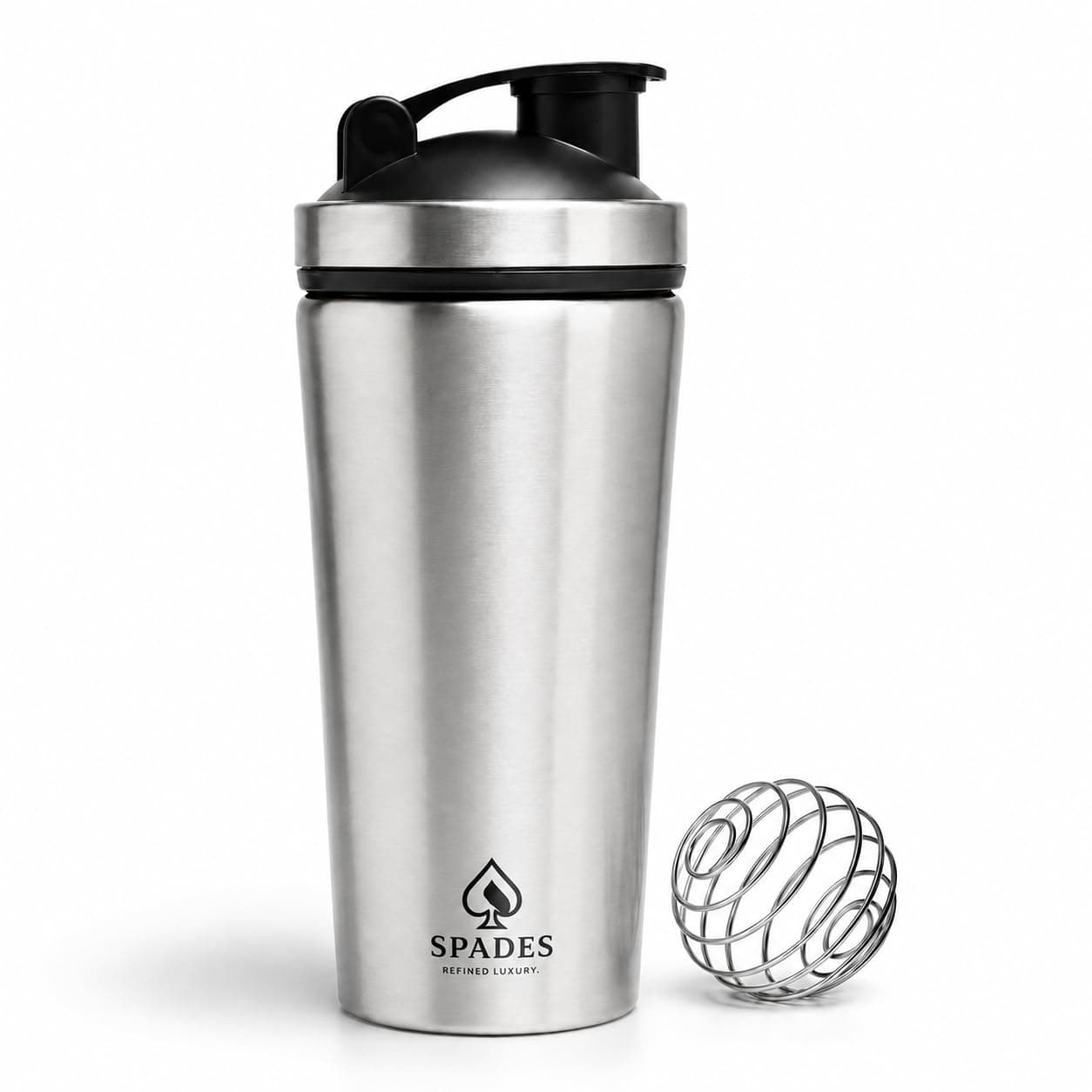 SPADES Stainless Steel Gym Shaker Bottle 750ml with Mixing Ball | Leakproof Protein Shaker for Gym, Wide Mouth, Leckproof, Measurement Markings, Sipper Cap | Metal Shaker for Men,Women (Silver/P1)
