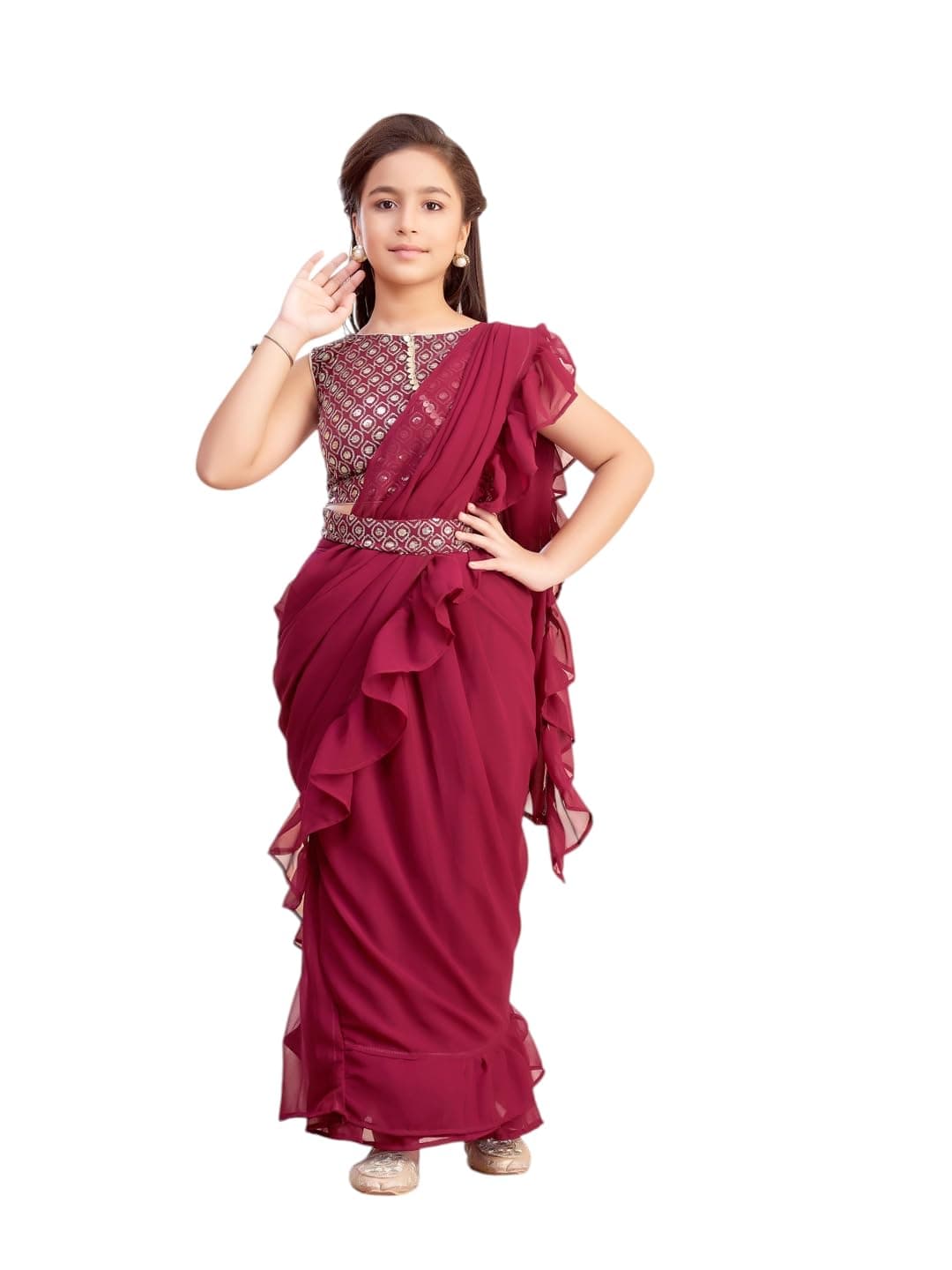 Aarika Girls Ethnic Wear Cream Colour Sequin Embroidery Georgette Lehenga Saree With Attachable Dupatta