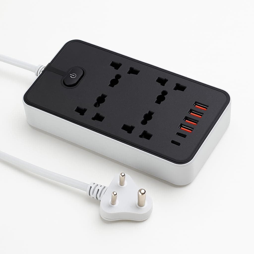 PESOMA Extension Board, Power Strip with 4 USB Ports and 4 Universal Socket, 2500W 10A Extension Cord, 3-Pin Surge Protector Power Strip for Home, Office, Computer, Mobile Charging (Z66-Black)
