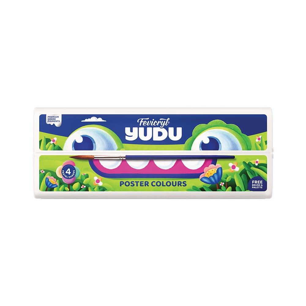 Fevicryl YUDU Poster Colours | Assorted Pack of 8 & 14 Shades | Premium Painting Colour Set for Kids | Includes Free Brush & Palette | Non-Toxic Water Colour Set for School Projects & Art Exams
