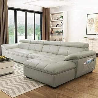 L Shape 6 Seater Genuine Leather Sofa Set | Modern Corner Sofa for Living Room | Comfortable Durable Sectional Couch for Living Room, Hotel, Dining Room, Hall | Grey | Without Centre Table