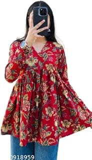 Women's Floral Print V-Neck Top with Multicolor Pattern, Long Sleeve, Empire Waist, Casual Style