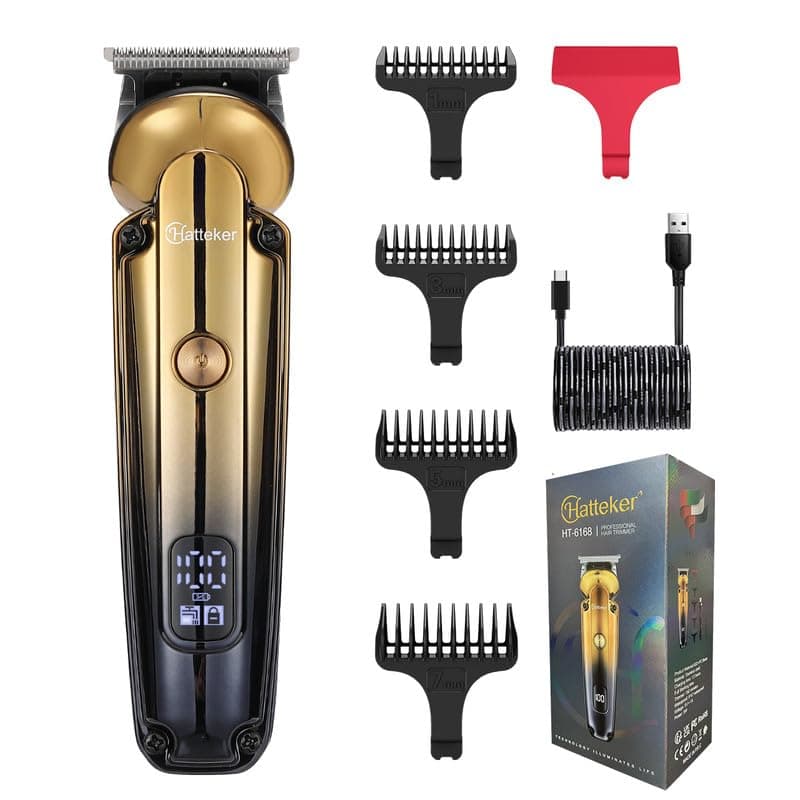 HATTEKER HT-6168 Premium ABS Body 0 gapped T-blade Outlining for Barbers 0mm Hair Clipper Cutter Wireless Hair Grooming Set Beard Trimming & Styling IPX6 waterproof USB Type-C LED Display 180 Mins