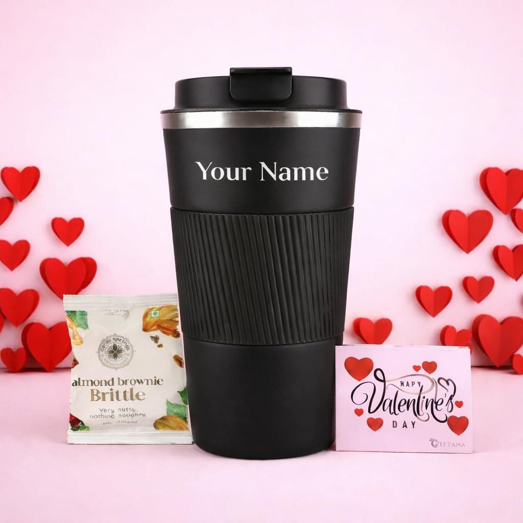 Giftana Valentine's Day Hampers for Gifting with Valentines Card, Personalized Coffee Tumbler Set with Brownie Brittle Gift Set for Men and Women, Valentine's Day Gifts for Family (Black,510ml)