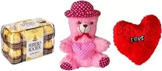 Ferrero Rocher Valentine Week Teddy Day Memorable Gift Pack Of 16 Chocolates With Cute Teddy & Red Heart Cushion Combo (Ferrero Rocher 16 Chocolate - 1, Big Cute Teddy - 1, Love Heart Cushion - 1)