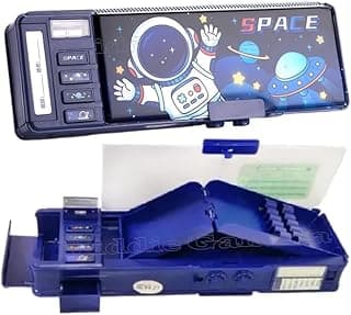 Royals hub Plastic Multifunctional Space Password Lock Double Sided Compass Box For Kids, Pencil Box For Boy & Girl, Aesthetic, Space Astronaut Theme Pencil Case Return Gifts For Kids, Blue
