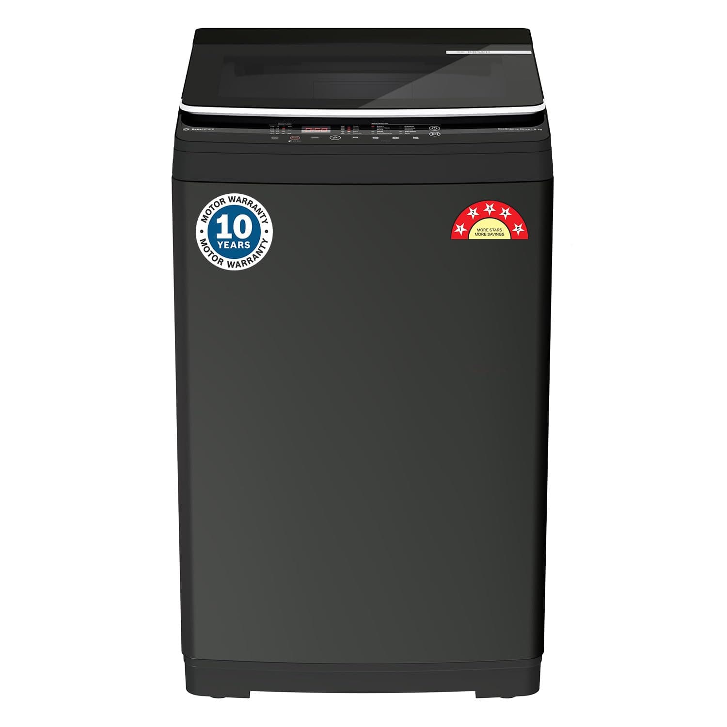 Bosch 9 KG 5 Star Fully Automatic Top Loading Washing Machine,Inbuilt Heater,Glass Lid with chrome finish,Tempered Glass with Soft Closing Lid,Unique display with 10 Button, Vietnam Black,(WOE90EV0IN)