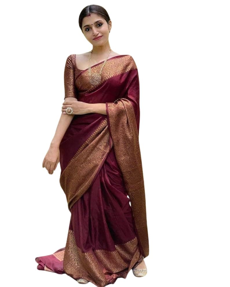 C J Enterprise Women's Soft Pure Kanjivaram Silk Saree For Wedding Banarasi Cotton Sari With Blouse Piece (Yatri-51)