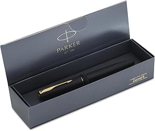 Parker Frontier Fountain Pen | Matte Black Body with Gold Trim | Blue Color Ink | Refillable Fine Nib Pen for Smooth Writing | A Premium Writing Experience for Everyone