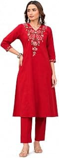 Women's Cotton Floral Embroidered Straight Kurti with Pant