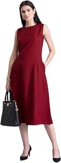 FableStreet Women's Casual Polyester Stylised Neck A Line Midi Dress