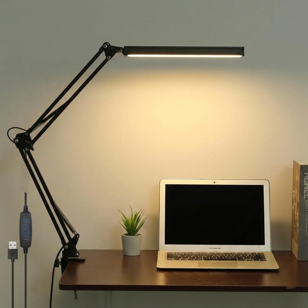 NYRWANA LED Table Lamp for Study Room, Adjustable Arm Desk Lamp, 3 Color Modes, 10-Level Dimmer, Eye Care Reading Light with Clamp, Flicker-Free Warm White Light for Students, Home & Office (Black)
