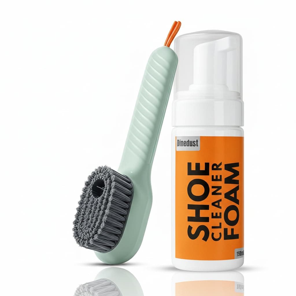 DINEDUST Quick Shoe Cleaning Kit - 150ml Shoe Foam Cleaner & Medium Bristle Brush | Sneaker, Sports & Canvas Shoe Stain Remover Foam Spray | White Shoe Cleaner Kit
