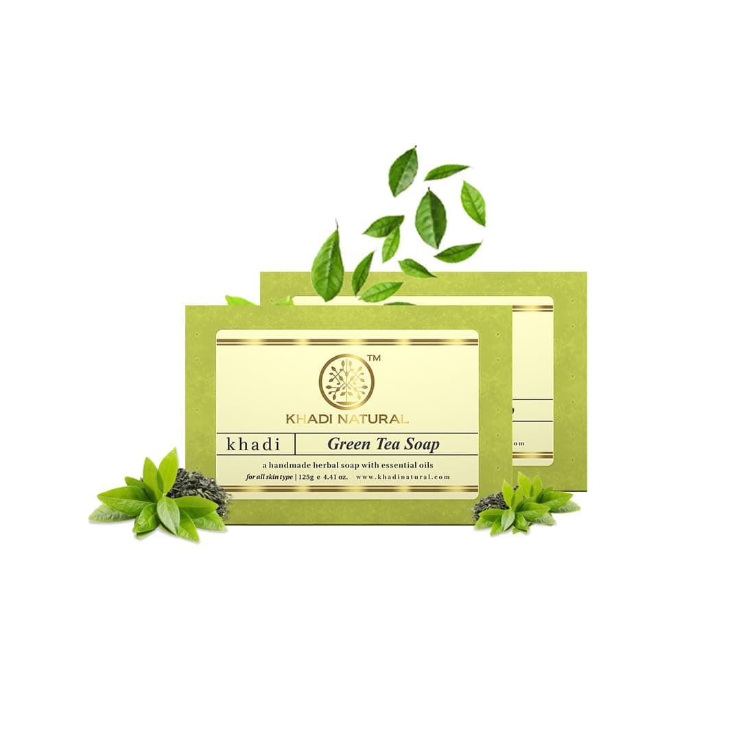 Khadi Natural Green Tea Handmade Soap | Herbal Bath Soap for Skin Cleansing | Helps Maintain Skin Freshness & Softness | Gentle Bath Soap for Daily Use | Suitable for All Skin Types | Pack of 2 | 125g Each
