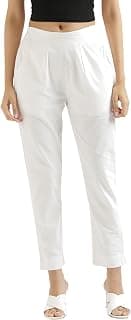 SAADAA Women Cotton Pant Regular Slim Fit Mid Rise Trouser, Pocket Pants for Office School Formal Casual Daily Use