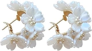 Shining Diva Fashion Latest Sweet Romantic Elegant White Flower Hoop Earrings | Stylish Shell Resin Delicate Pearl Flower Zircon Earrings | Trendy Versatile Jewellery | Light Exquisite Luxury Jewellery