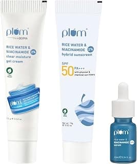 Plum 10% Niacinamide Face Serum 10ml| Plum 2% Niacinamide & Rice Water Hybrid Face Sunscreen with SPF 50 PA+++ 15gm | Plum thinkDERMA 2% Niacinamide & Rice Water Clear Moisture Gel Cream 15gm Combo