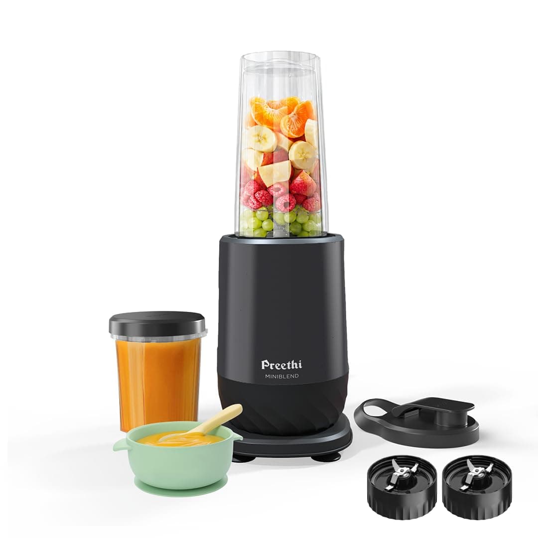 Preethi MiniBlend, Blender Mixer Grinder, 2 Jars, perfect for Smoothies, Purees, and Baby food, 2 Razor sharp Ninja blades, Grind, & Store, Blend & Carry, 2 Year Warranty, Lifelong Free Service, Black