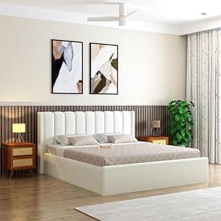 Ganpati Arts Solid Sheesham Wood Emperor Upholstered Queen Size Bed with Box Storage | Durable Wooden Double Bed Cot Palang with Tufted Headboard for Bedroom, Hotels and Home Furniture (Off-White)
