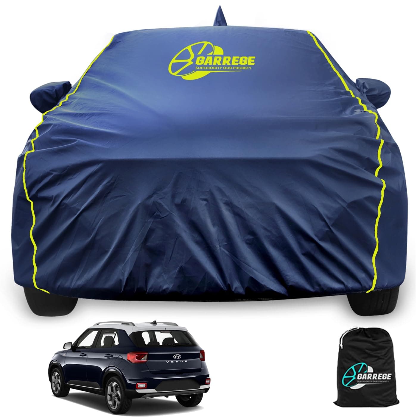 GARREGE® Waterproof Car Body Cover for Venue 100% All Weather Proof with Mirror & Antenna Packet & Full Bottom Elastic, Triple Stitching with 100% Nail Proof Cover Navy Blue