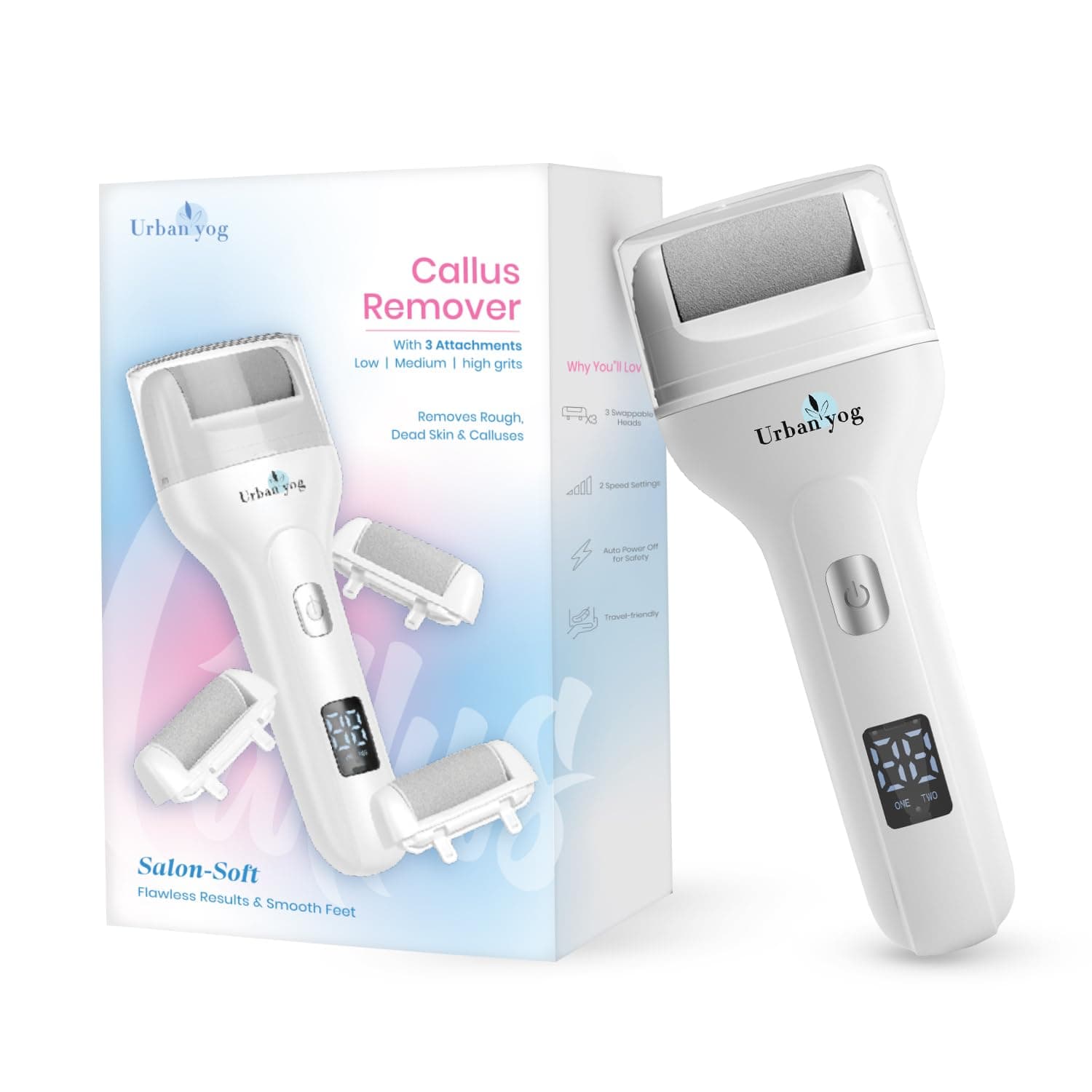 Urban Yog Callus Remover, Foot Scrubber For Dead Skin, With 3 Interchangeable Head Rollers, Rechargeable, Callus & Dead Skin Removal, 2 Speed Settings, Fast Type-C Charging, 1200mAh Battery